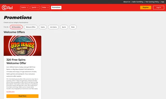 32Red promotions page on desktop, captured August 2026