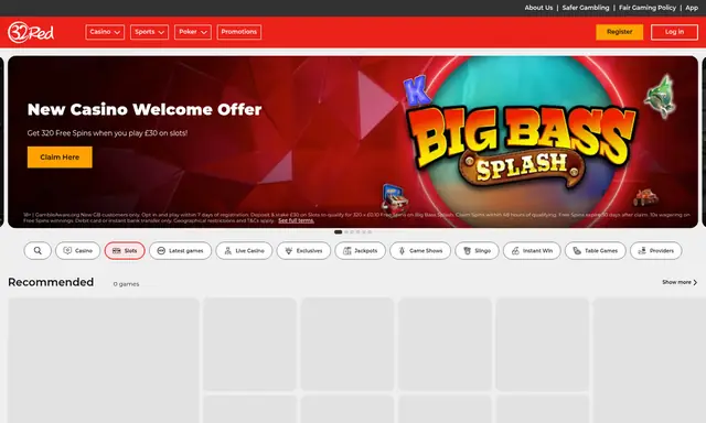 32Red slots lobby on desktop, captured August 2026