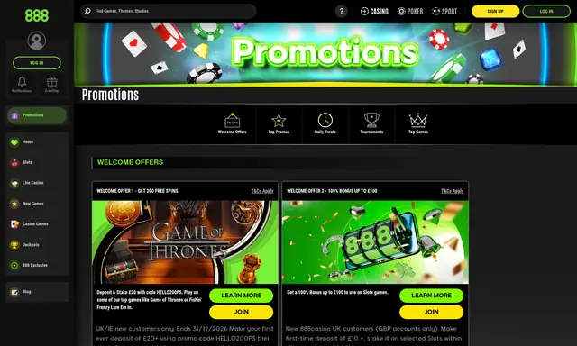 888 Casino promotions page on desktop, captured September 2026