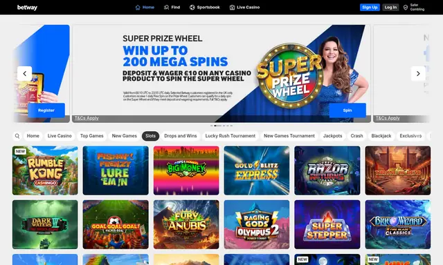 Betway slots lobby on desktop, captured August 2026