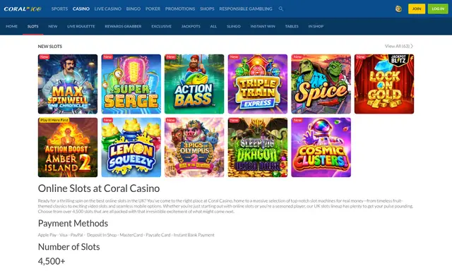 Coral slots lobby on desktop, captured August 2026