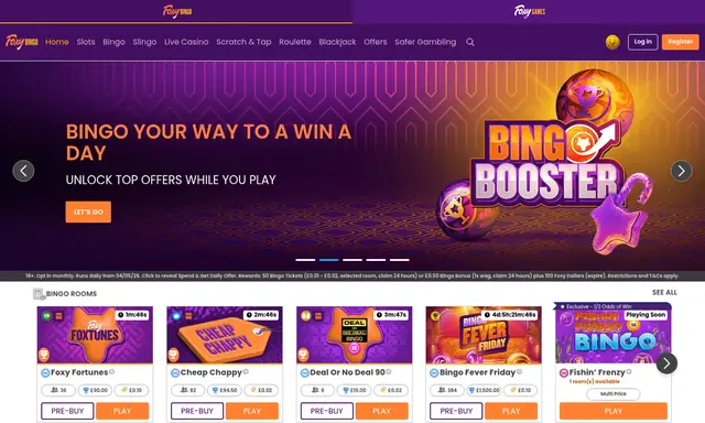 Foxy Bingo homepage on desktop, captured August 2026