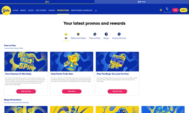 Gala Bingo promotions page on desktop, captured August 2026