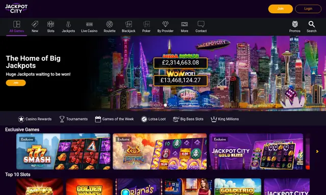 Jackpot City slots lobby on desktop, captured August 2026