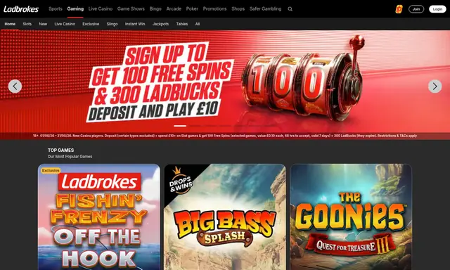 Ladbrokes slots lobby on desktop, captured August 2026