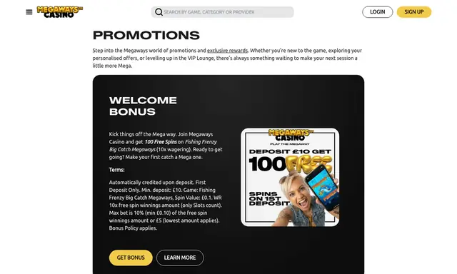Megaways Casino promotions page on desktop, captured September 2026
