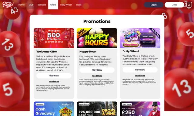 Mirror Bingo promotions page on desktop, captured September 2026