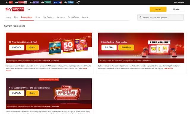 Sky Vegas promotions page on desktop, captured August 2026