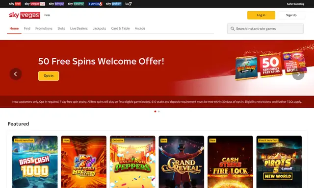 Sky Vegas slots lobby on desktop, captured August 2026