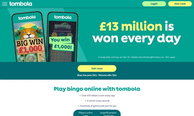 Tombola promotions page on desktop, captured August 2026